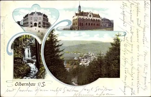 Ak Olbernhau in Sachsen, Wasserfall, Blick durch Bäume zum Ort, Zieher, Schloss