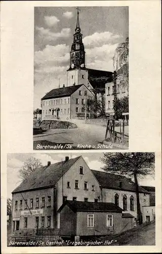 Ak Bärenwalde Crinitzberg in Sachsen, Kirche, Schule, Gasthof Erzgebirgischer Hof