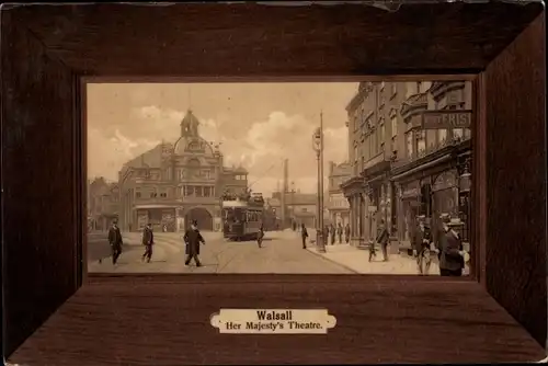 Passepartout Ak Walsall West Midlands, Her Majesty's Theatre, Straßenbahn
