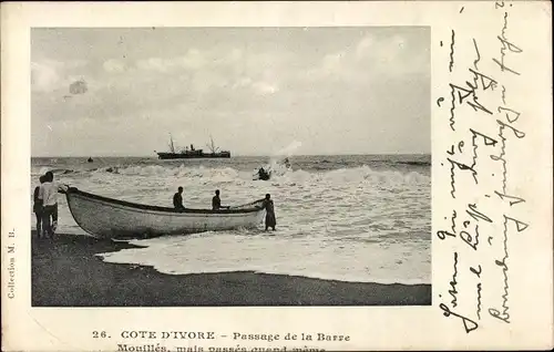 Ak Elfenbeinküste, Passage de la Barre, Küste, Schiff, Ruderboot, Strand