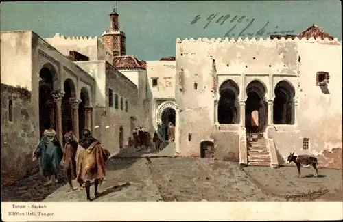 Künstler Ak Tanger Marokko, Kasbah, Passanten, Esel
