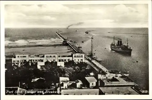 Ak Port Said Ägypten, Casino and Breakwater, Dampfer