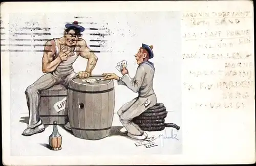 Künstler Ak Matrosen spielen Karten, Seeleute