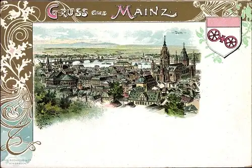 Wappen Litho Mainz in Rheinland Pfalz, Stadtansicht mit Dom