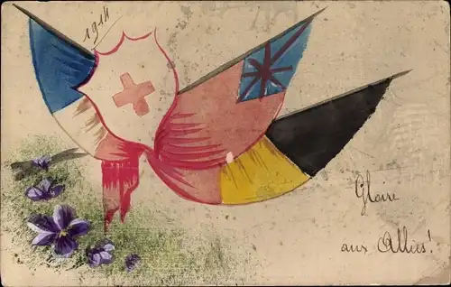 Handgemalt Ak Gloire aux Allies, Frankreich, Belgien, Großbritannien, Fahnen