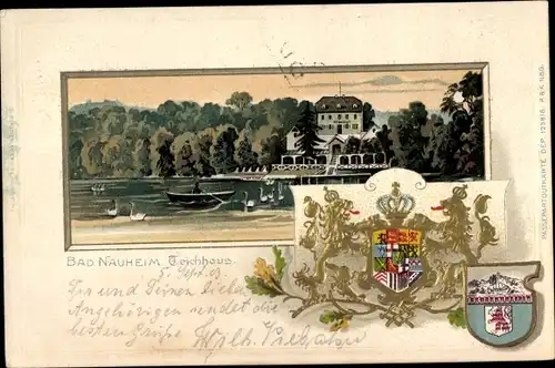 Präge Wappen Litho Bad Nauheim im Wetteraukreis Hessen, Blick auf das Teichhaus