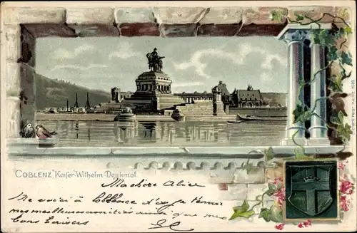Präge Passepartout Litho Koblenz am Rhein, Kaiser Wilhelm Denkmal, Deutsches Eck