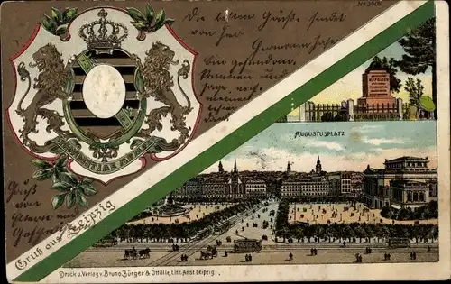 Präge Wappen Litho Leipzig in Sachsen, Porträt Georg von Sachsen, Augustusplatz
