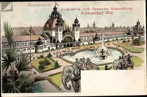 Litho Düsseldorf am Rhein, Industrie und Gewerbeausstellung 1902, Elefanten, Hauptgebäude