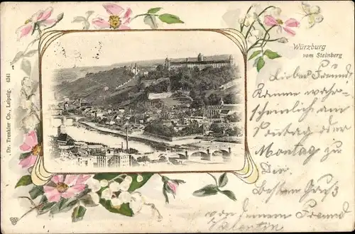 Litho Würzburg am Main Unterfranken, Blick auf die Stadt vom Steinberg