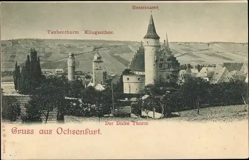 Ak Ochsenfurt am Main Unterfranken, Gruß aus... Taubenthurm, Klingenthor, Bezirksamt, Dicker Thurm