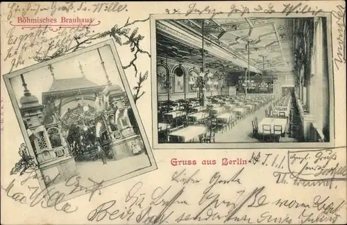 Ak Berlin Friedrichshain, Gruß aus... , Böhmisches Brauhaus, Außenansicht Eingangsbereich, Gastraum