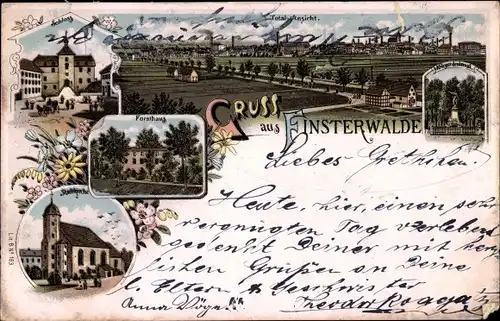 Litho Finsterwalde in der Niederlausitz, Totalansicht, Schloß, Forsthaus, Stadtkirche, Denkmal