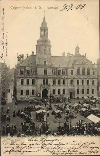 Ak Crimmitschau in Sachsen, Markt mit Blick auf das Rathaus
