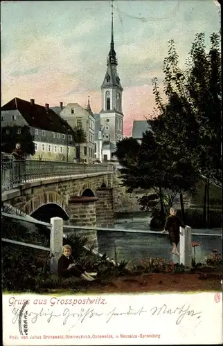 Ak Großpostwitz in Sachsen, Brückenpartie, Kirche