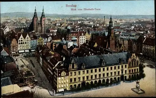 Ak Wrocław Breslau Schlesien, Blick vom Elisabeth Turm, Rathaus, Ring