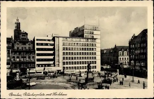 Ak Wrocław Breslau Schlesien, Blücherplatz mit Hochhaus, Plac Solny