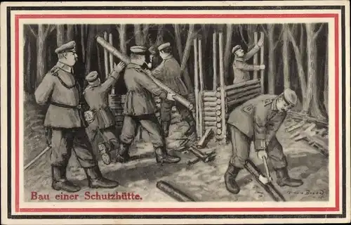 Künstler Ak Deutsche Soldaten in Uniformen beim Bau einer Schutzhütte, I WK