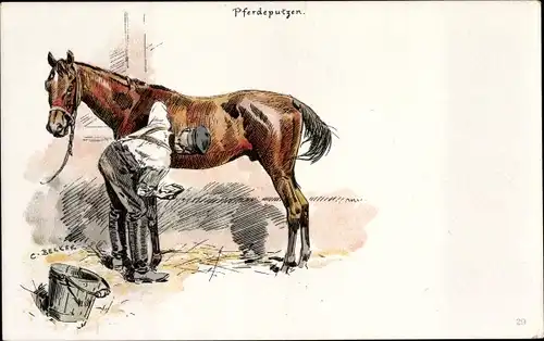 Künstler Ak Becker, Carl, Deutscher Soldat beim Pferdeputzen