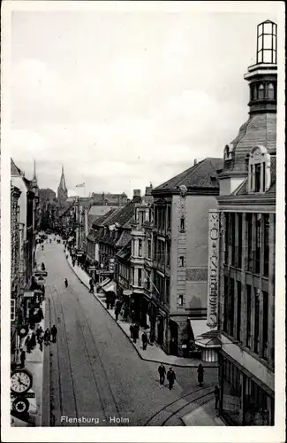 Ak Flensburg in Schleswig Holstein, Blick auf die Holm, Straßenpartie, Geschäfte, Mau und Andresen