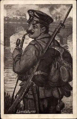 Künstler Ak Strieffler, Landsturm, Deutscher Soldat in Uniform mit Pfeife