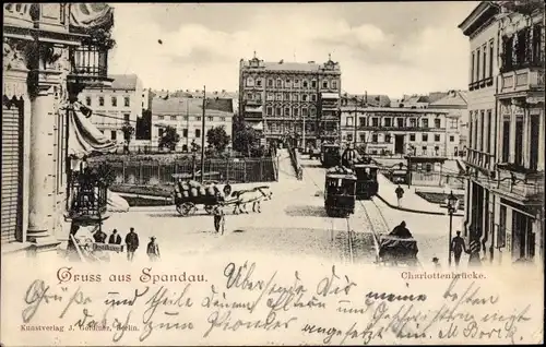 Ak Berlin Spandau, Charlottenbrücke, Straßenbahnen, Pferdefuhrwerk