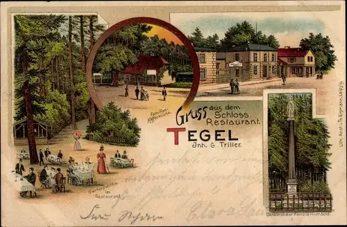 Litho Berlin Reinickendorf Tegel, Schlossrestaurant, Denkmal der Familie Humbold