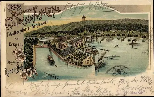 Litho Woltersdorf bei Berlin, Woltersdorfer Schleuse, Restaurant Woltersdorfer Mühle