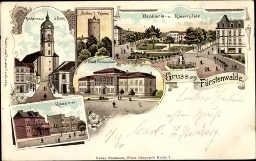 Litho Fürstenwalde an der Spree, Denkmalsplatz, Kaiserplatz, Gymnasiumm, Kaserne, Dom