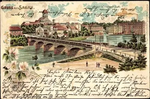 Litho Żagań Sagan Schlesien, Kaiser Wilhelmsbrücke, Stadtansicht