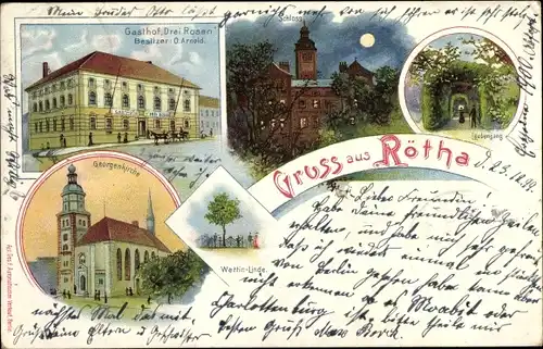 Mondschein Litho Rötha in Sachsen, Schloss, Laubengang, Gasthof Drei Rosen, Georgenkirche