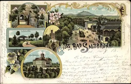 Litho Szczawno Zdrój Bad Salzbrunn Niederschlesien, Elisenhalle, Mathildenhöhe, Schloss