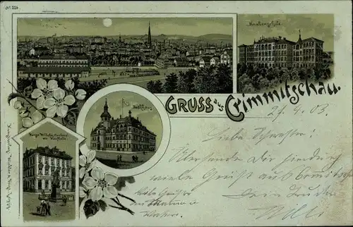 Mondschein Litho Crimmitschau in Sachsen, Knabenschule, Rathaus, Blick auf den Ort