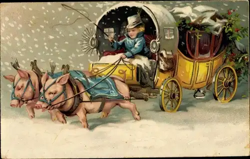 Präge Litho Glücksschweine ziehen Postkutsche im Schneefall