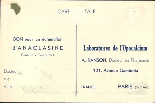 Ak Paris XX., Laboratoires de l'Opocalcium, A. Ranson, Avenue Gambetta, Reklame