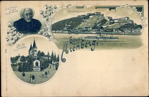 Litho Arenberg Koblenz am Rhein, Pastor J. B. Kraus, Festung Ehrenbreitstein, Kirche