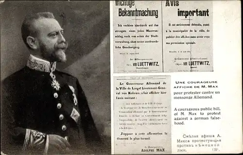 Ak Adolphe Max, Bürgermeister von Brüssel, Portrait in Uniform, Protestschrift