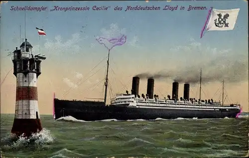 Ak Dampfer Kronprinzessin Cecilie, Norddeutscher Lloyd Bremen, Roter Sand Leuchtturm