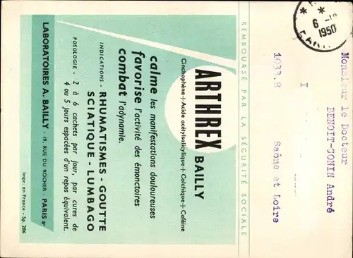 Ak Paris VIII., Reklame, Arthrex Bailly, Laboratoires A. Bailly, Rue du Rocher