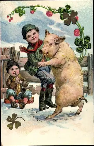 Litho Junge tanzt mit Glücksschwein, Kleeblätter
