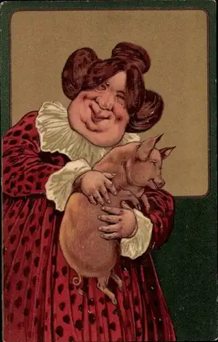 Präge Litho Dicke Frau mit Ferkel, Schwein