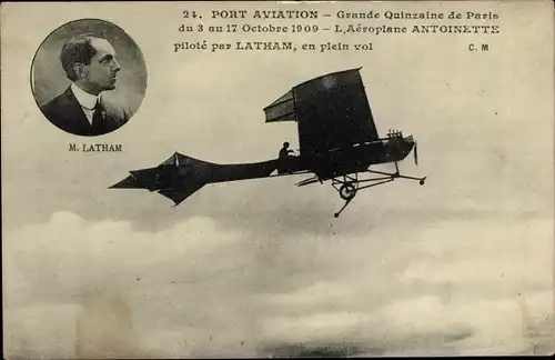 Ak Port Aviation, Grande Quinzaine de Paris 1909, Aeroplane Antoinette, Aviateur M. Latham