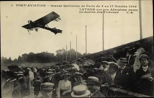 Ak Port Aviation, Grande Quinzaine de Paris 1909, Latham sur son Aeroplane