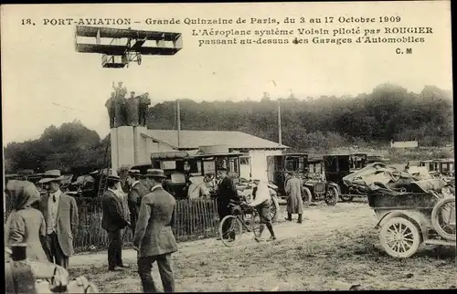 Ak Port Aviation, Grande Quinzaine de Paris 1909, L'Aeroplane Voisin pilote par Rougier