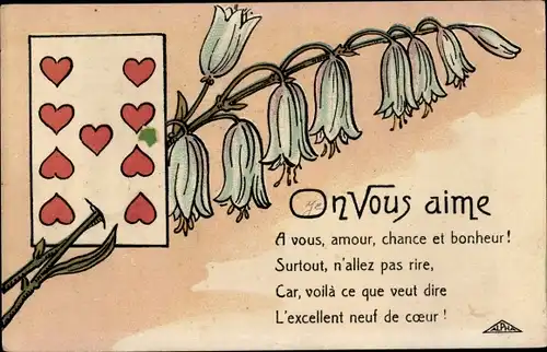 Ak On vous aime, Blühende Blumen, Spielkarte, Herzen