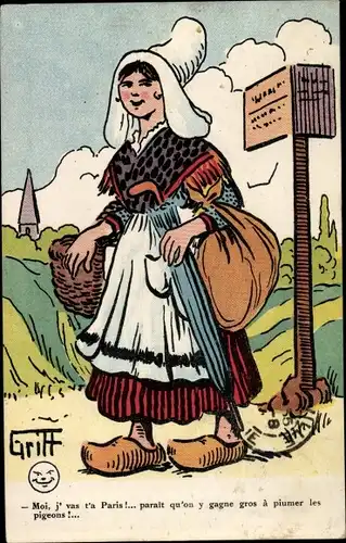 Künstler Ak Griff, Frau in französischer Tracht, Regenschirm, Holzschuhe, Reise nach Paris