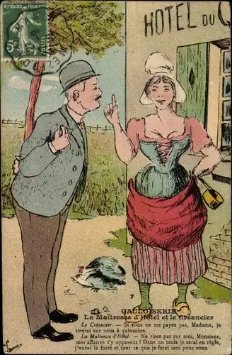 Künstler Ak Gauloiserie, La Maitresse d'Hotel et le Creancier