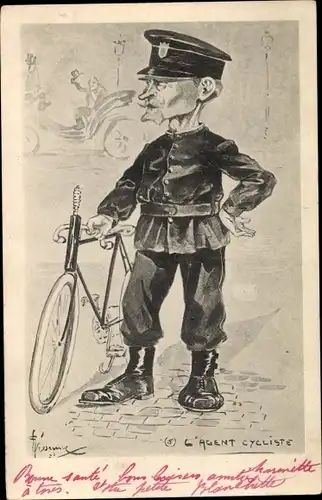 Künstler Ak L'Agent Cycliste, Polizist mit Fahrrad