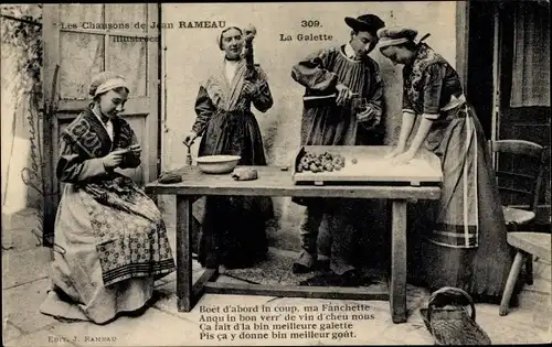 Ak Les Chansons de Jean Rameau illustree, La Galette, Französische Tracht, Bauernstube