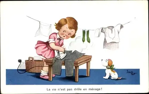 Künstler Ak Patt, J., Mädchen beim Bügeln, Hund, La vie n'est pas drole en menage